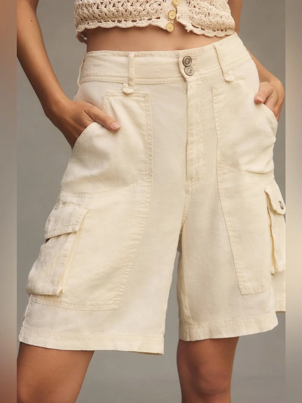 PILCRO BY ANTHROPOLOGIE Beachy Tidal Cargo Denim Shorts Size 32 Cream - Picture 3 of 10